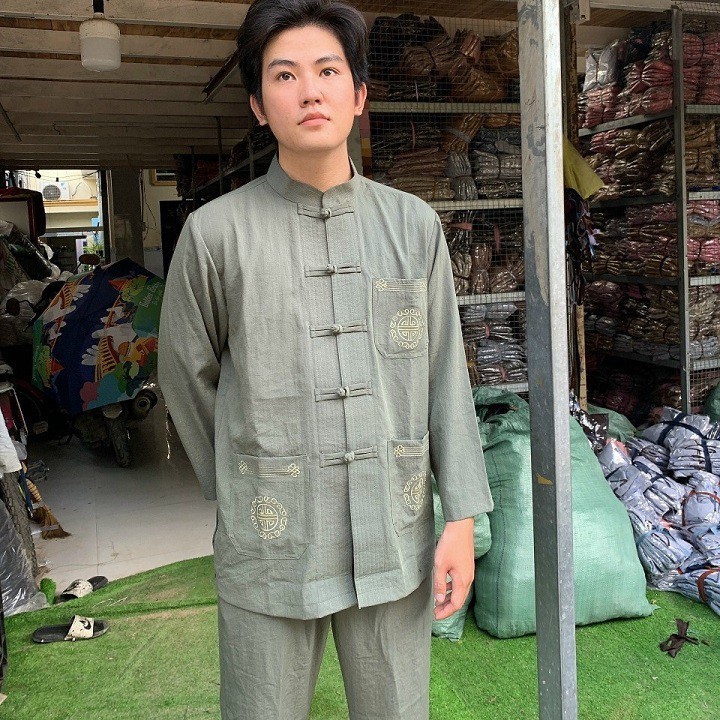 Bộ đồ lam nam đi chùa, Quần áo lam Phật tử nam đi chùa Giản dị kín đáo nẫu thêu túi tay dài mã KAN05D