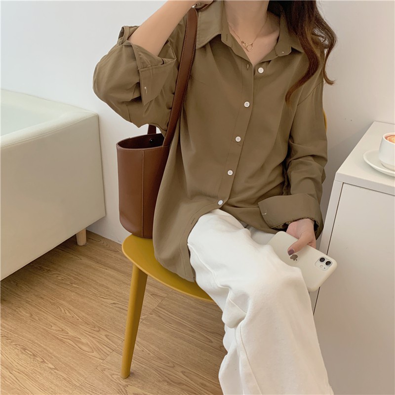 Áo sơ mi tay dài dáng rộng phong cách Hàn Quốc đơn giản trẻ trung