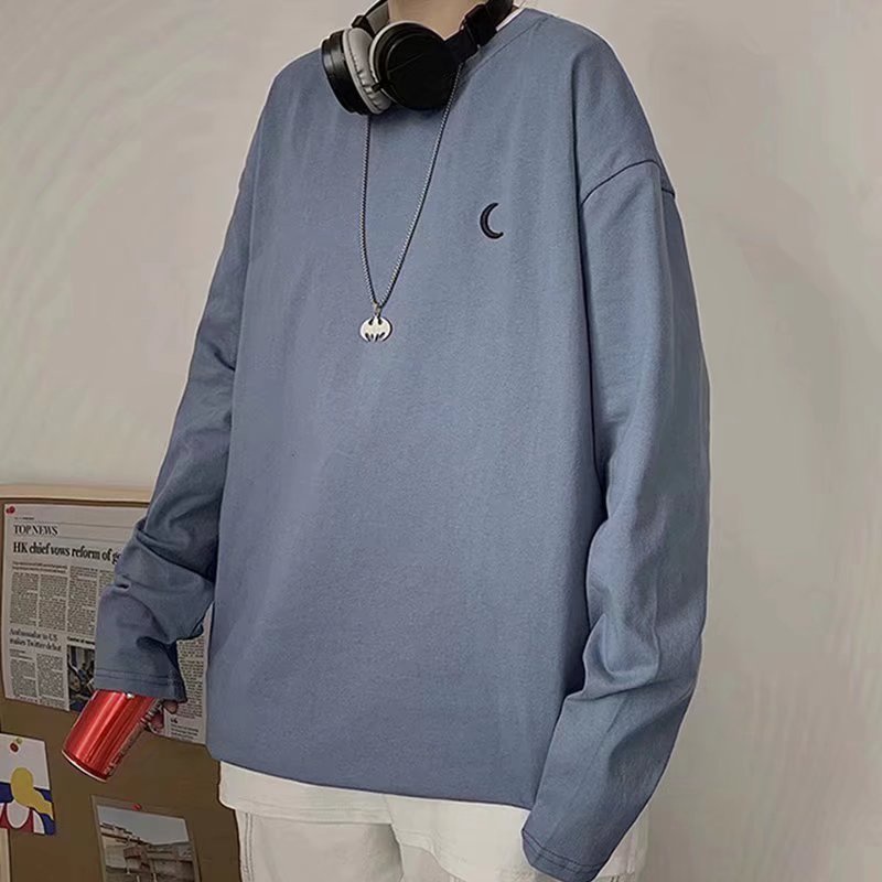 Áo Thun Nam Tay Dài Unisex Form Rộng - TTD27 Vwill - Chất Cotton Mềm Mát - Oversize &lt; 75kg -Áo thun dài tay cổ tròn thời trang in hình mặt trăng nhỏ