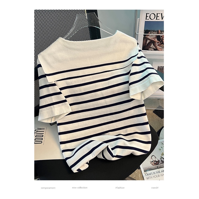 Áo Thun Dệt Kim Ngắn Tay Họa Tiết Kẻ Sọc Thời Trang Mùa Hè