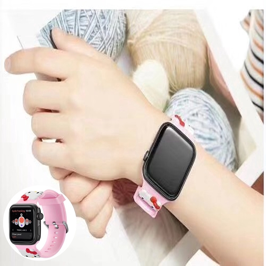 Dây đeo silicone họa tiết mèo Hello Kitty cho Apple Watch 1 2 3 4 cỡ 38-44mm