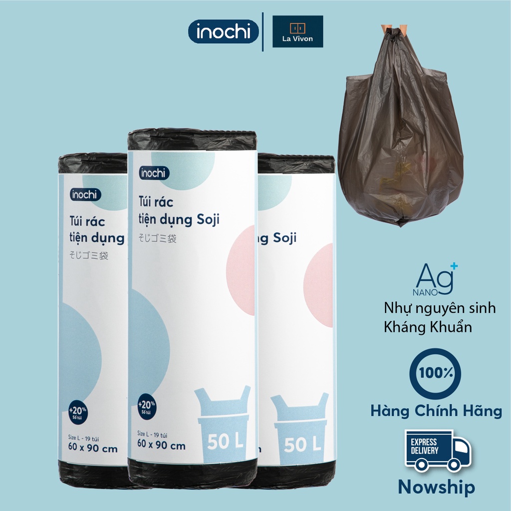 COMBO 4 cuộn 140 Túi rác tiện dụng Soji, có quai cầm, đường cắt dễ sử dụng. Túi rác tự phân hủy INOCHI