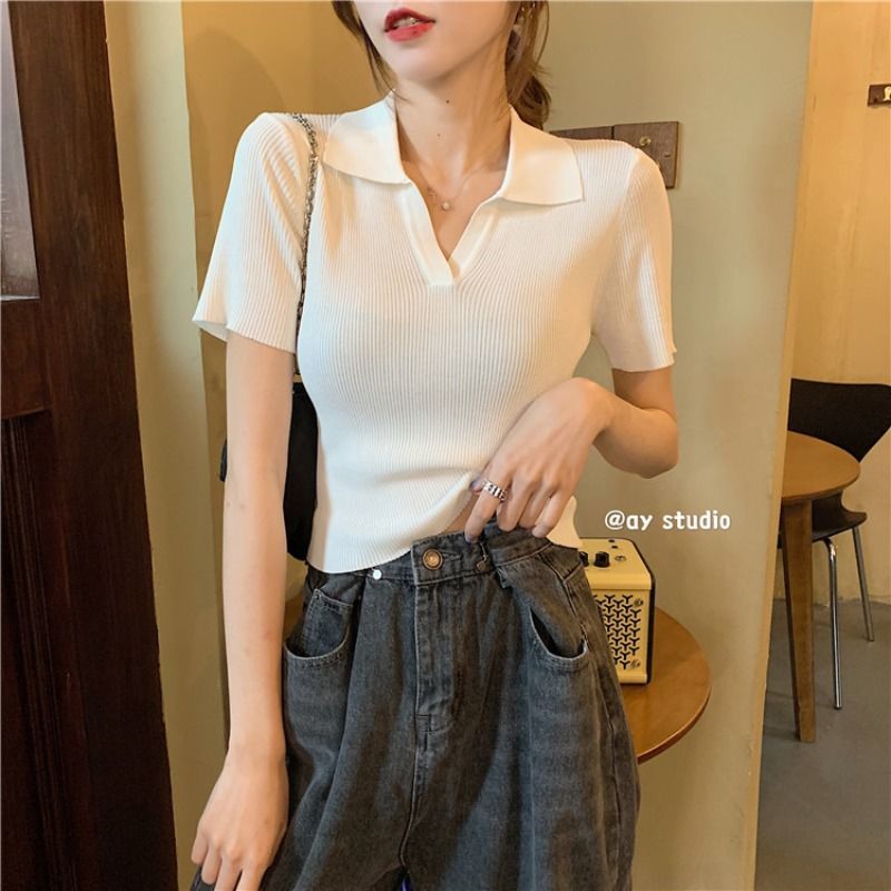 Áo Thun Nữ Tay Ngắn Cổ Chữ V Phong Cách Hàn Quốc