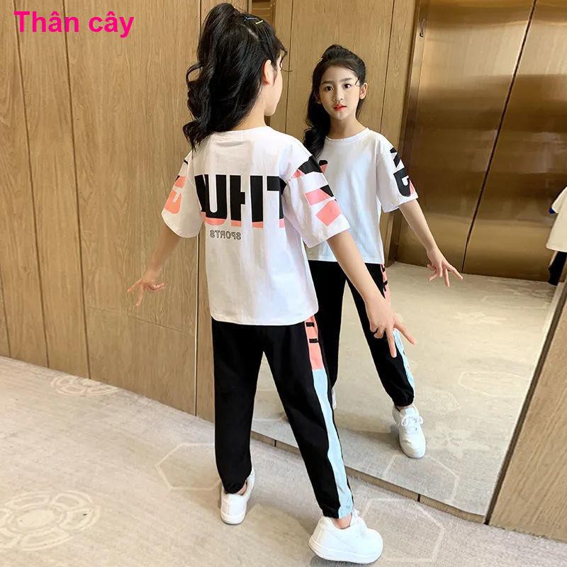 thời trang trẻ emBộ đồ thời trang mùa hè cho bé gái cotton, quần ống rộng trẻ em, hai mảnh, kiểu tây tay ngắn bố mẹ