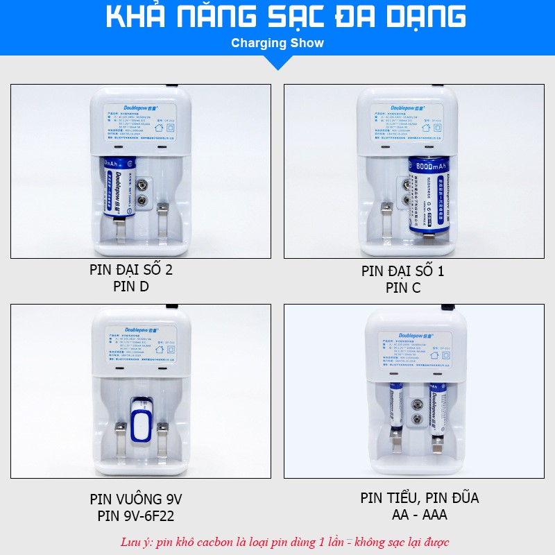 Bộ sạc pin đại, tiểu đa năng (D,C, AA, AAA, 9V, số 1, 2) Doublepow - DP-D02