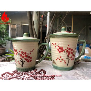 Cốc sứ họa tiết có nắp cao cấp 400ml Bát Tràng