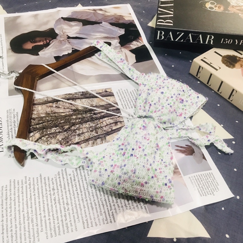 Bikini thủ công, handmade với sợi cotton mùa hè và poom nhiều sắc màu