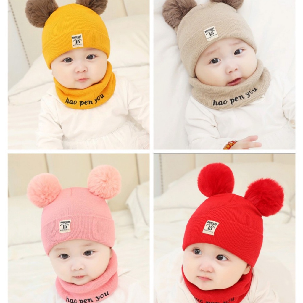 Mũ len hai Quả Bông thời trang  MOONLIGHT 15 xuất Hàn giữ ấm cho bé tặng kèm khăn ống