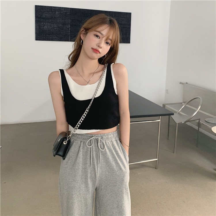 【ZHELIHANGFEI】 / Áo Dệt Kim Sát Nách Giả Hai Mảnh Màu Sắc Phù Hợp Với Nhiều Phong Cách