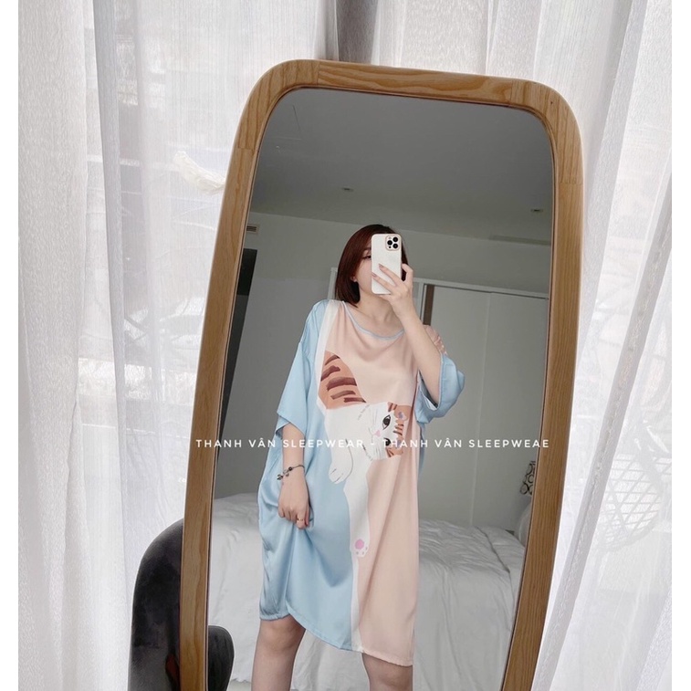 Bộ Đồ Pịama - váy lụa satin cổ tròn [Hàng Đẹp, Lụa Mát Mịn]  Không Nhăn, Không Bai Giãn, Không Phải màu | BigBuy360 - bigbuy360.vn