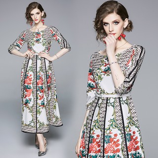 Đầm maxi nữ tay lửng họa tiết hoa phong cách vintage