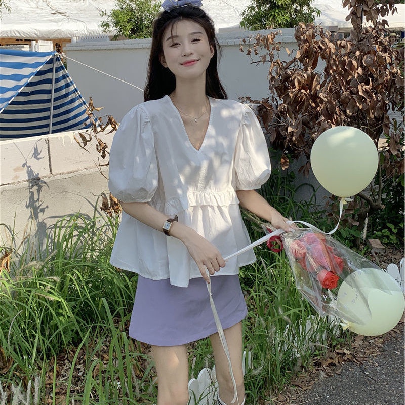 Áo Kiểu Tay Phồng Cổ Chữ V Dáng Rộng Thiết Kế Ngọt Ngào Thời Trang Mùa Hè Mới Cho Nữ
