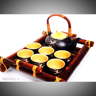 Bộ ấm chén quoai mây kèm khay tre