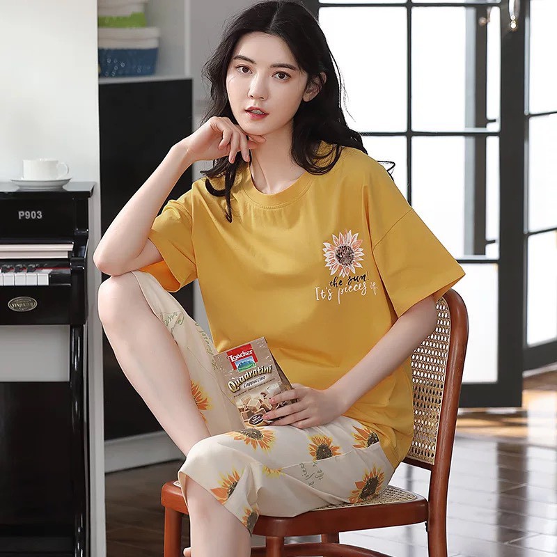 Bộ cotton mặc nhà Quảng Châu cao cấp cộc tay quần lửng co giãn 4 chiều