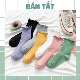 Tất cổ cao nữ bèo nhún, vớ bèo nhún nữ cổ cao màu trơn basic phong cách Vintage Hàn Quốc