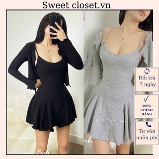 Set váy hai dây ngắn xoè kèm áo khoác cadigan chất liệu len gân