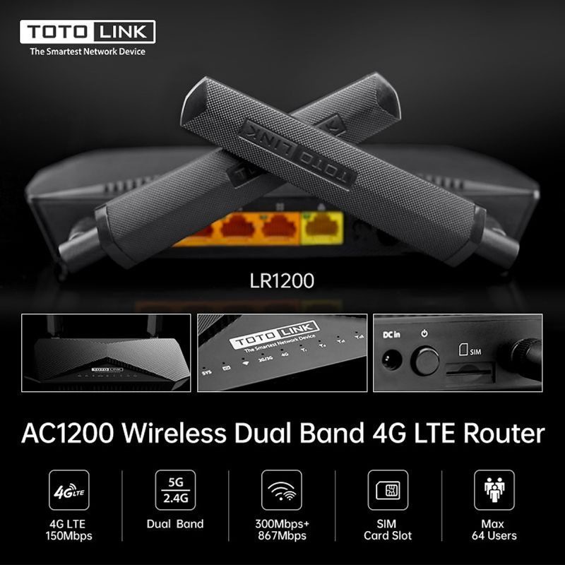 Router - Bộ phát wifi không dây Totolink LR1200 4G LTE băng tần kép AC1200