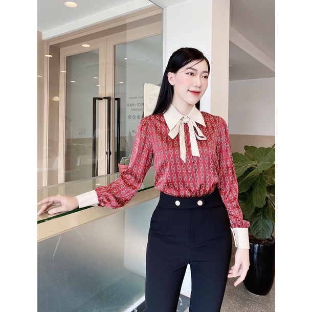 Áo sơ mi phối họa tiết cổ đức công sở lụa mềm A301