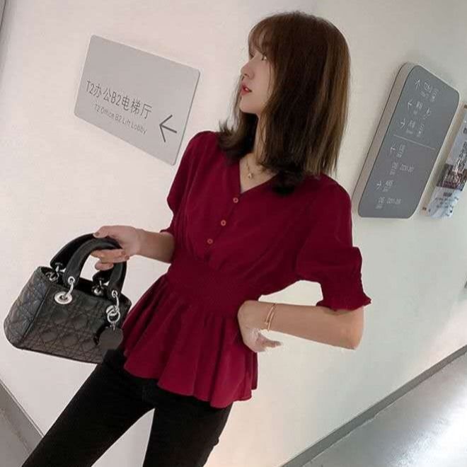 Áo Sơ Mi Voan Cổ Chữ v Tay Ngắn Thắt Eo Mới Thời Trang Mùa Hè Dành Cho Nữ 2022