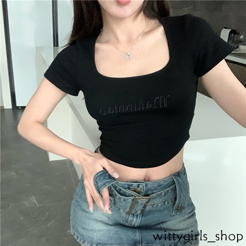 Áo Croptop Dệt Kim Tay Ngắn Cổ Vuông Thêu Chữ Thời Trang Mùa Hè Cho Nữ