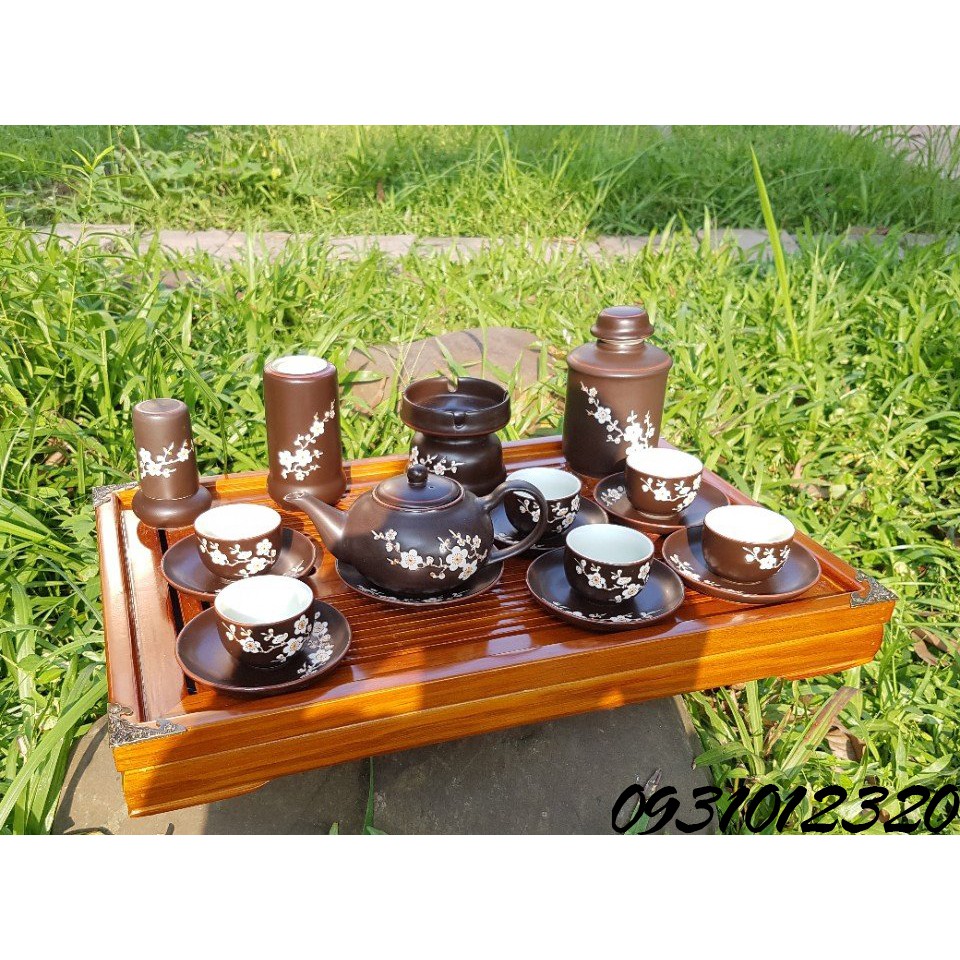 bộ ấm chén hình cá 3d giá tốt men nâu vẽ khắc sen