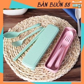 Bộ thìa , dĩa, đũa cá nhân văn phòng 3 chi tiết có hộp đựng bằng lúa mạch tập ăn cho bé nhiều màu 1601