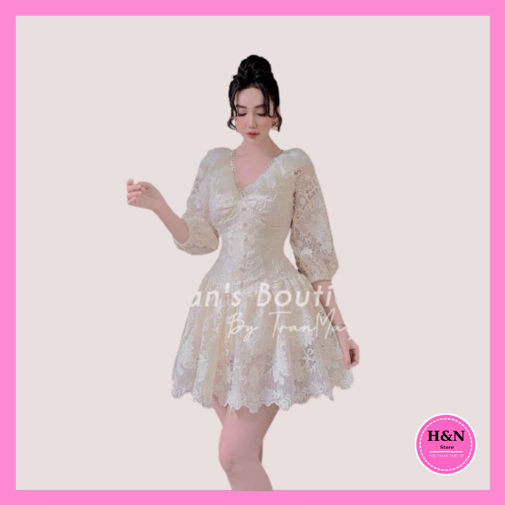 Váy Thiết Kế Ren Trắng, Váy ren hoa cổ V tay lửng cao cấp, dáng suông ngắn - H&N Store 2