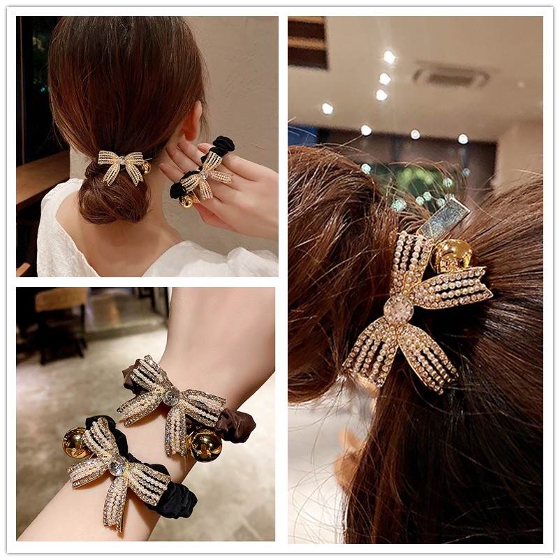 Dây Buộc Tóc Cao Su Co Giãn Hình Nơ Đính Đá Phong Cách Hàn Quốc Thanh Lịch Cho Nữ
