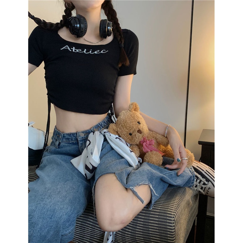 Áo Thun Tay Ngắn Dáng Ôm Rút Dây Thời Trang Cho Nữ