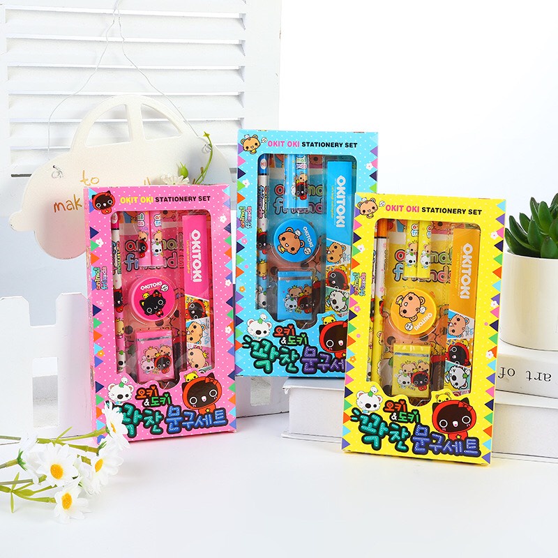 Dụng cụ học tập, set 7 món bút chì,thước kẻ,gôm tẩy,gọt bút chì,nắp đậy_văn phòng phẩm dễ thương