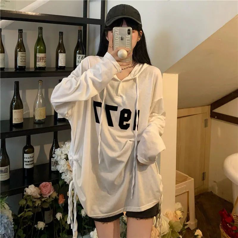 Jiashucheng Áo Thun Tay Dài Chống Nắng Mỏng Có Nón Dáng Rộng In Chữ Phong Cách Lười Mùa Hè Cho Nữ