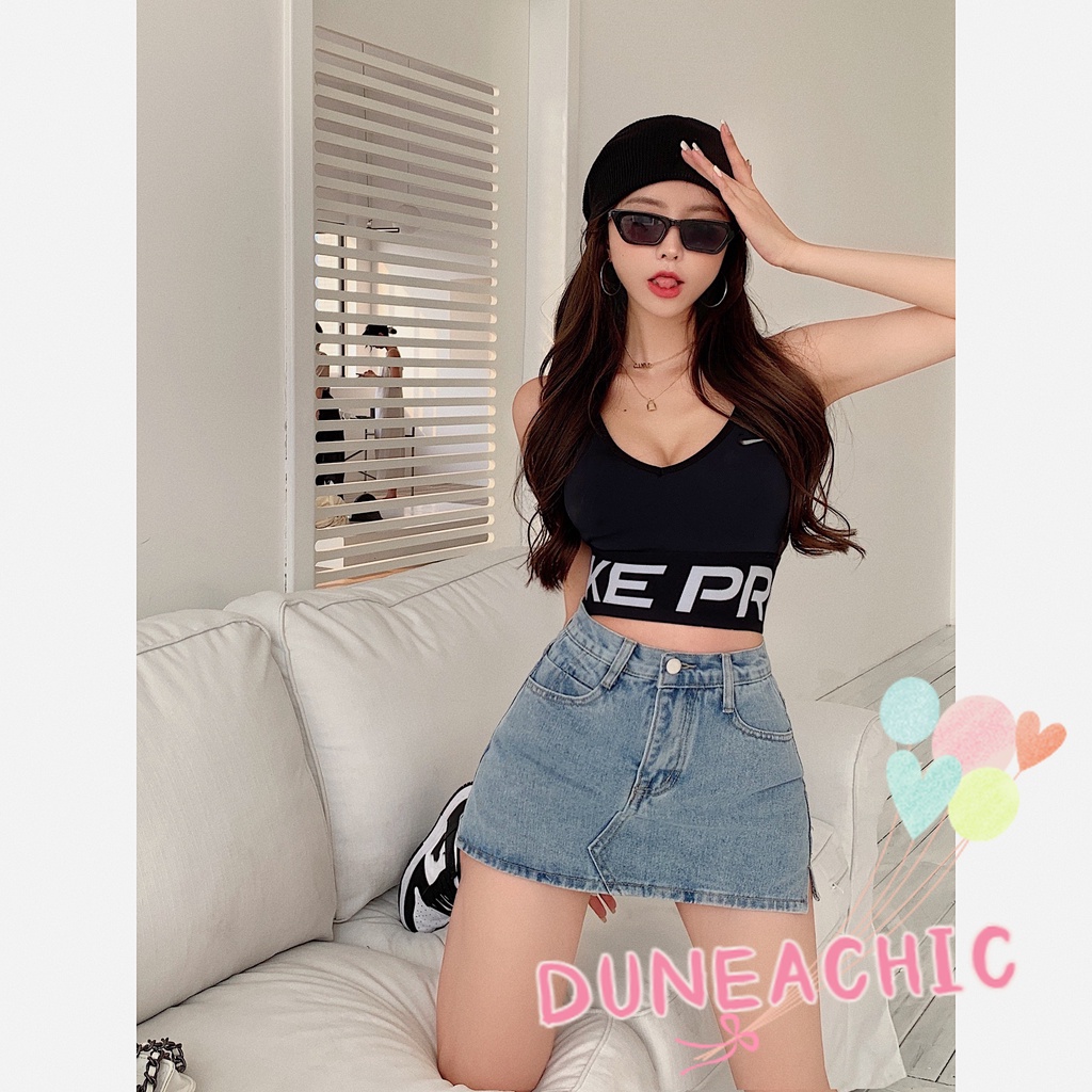 DUNEA Chân Váy Denim Lưng Cao Xẻ Tà Phong Cách Retro