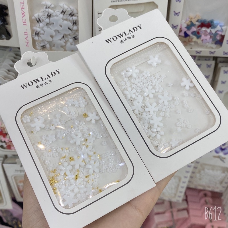 Phụ kiện hoa sứ trắng đính móng mix bi - phụ kiện trang trí móng hình hoa siêu xinh