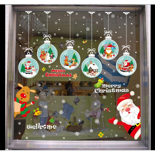 COMBO Decal Trang Trí Noel Hai Mặt Hít Tĩnh Điện Không Dơ Kính- Rèm Cầu Tuyết phối Noel Chào ( 2 tấm )