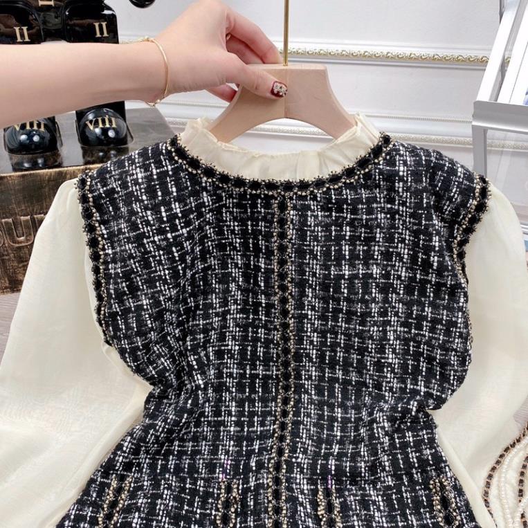 VÁY DẠ KẺ TWEED CỔ BÈO PHỐI TAY VOAN TƠ TIỂU THƯ SIÊU XINH