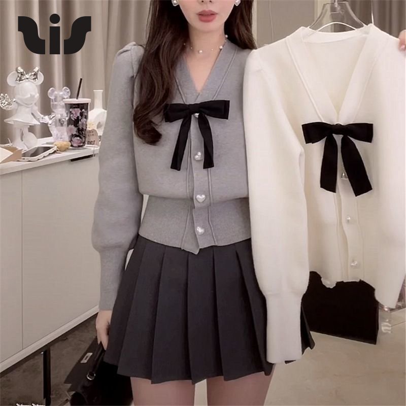Bộ Áo Sweater Dệt Kim Tay Phồng Đính Nơ Phối Chân Váy Chữ A Xếp Ly Kiểu Hàn Quốc Thời Trang Xuân Thu 2022