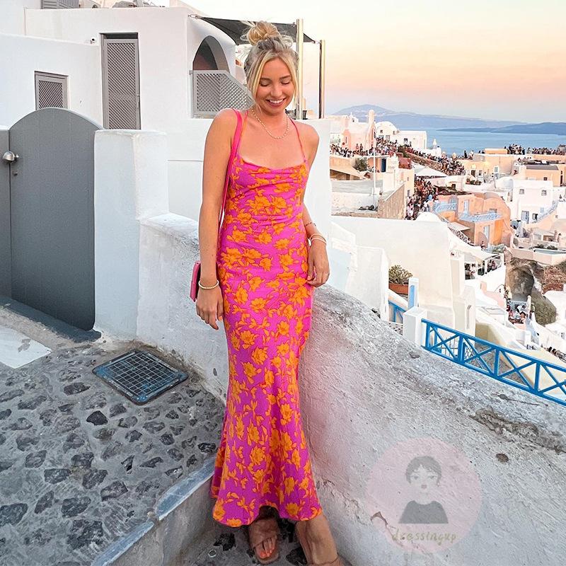 Đầm Dài Hai Dây Chéo Lưng In Hoa Thời Trang Mùa Hè Dành Cho Nữ