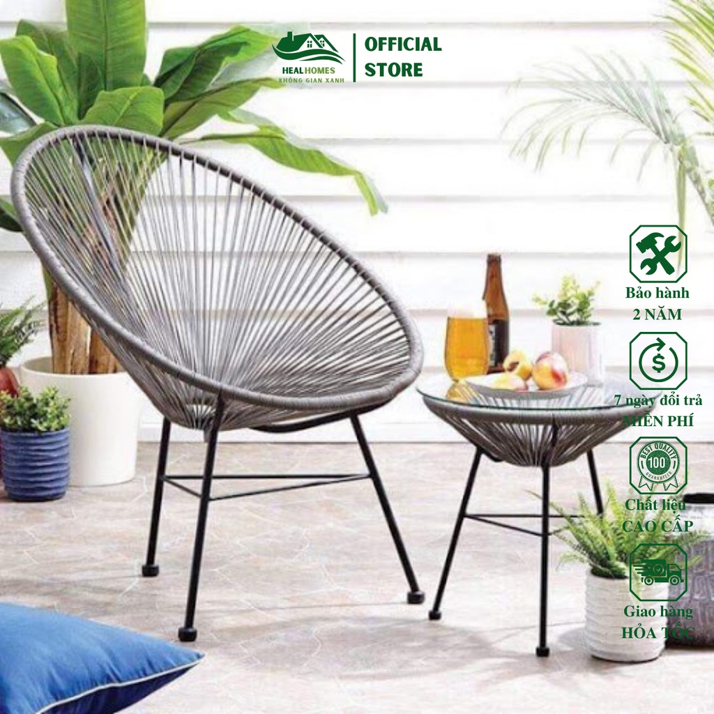 Bàn ghế thư giãn ban công giả mây lõi thép dùng trang trí phòng khách sân vườn decor quán coffee khách sạn ngoài trời