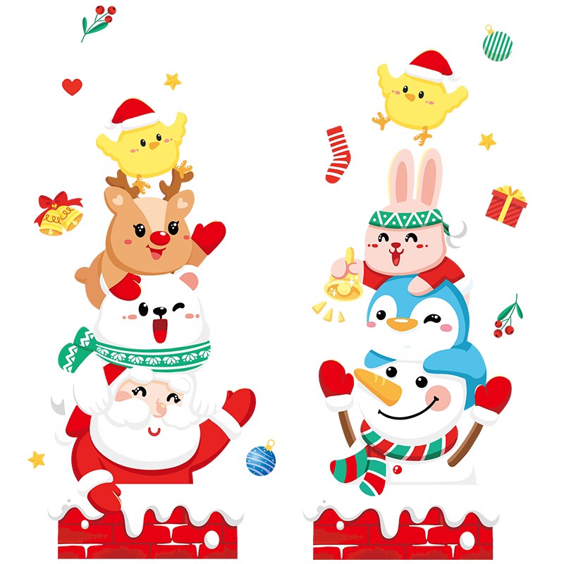 Decal dán tường Noel Hít Tĩnh Điện không Dơ Kính - Thỏ và nai đón chào giáng sinh cùng các bạn
