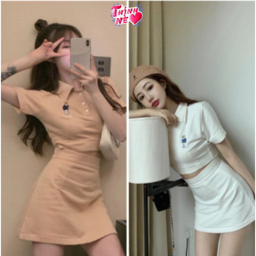 💖 MẪU HÓT 💖 Set Bộ Váy Chữ A Kèm Áo Croptop Có Cổ Bao Xinh- S065, Đồ Bộ Nữ, Hình Thêu Có Kèm Lót Trong