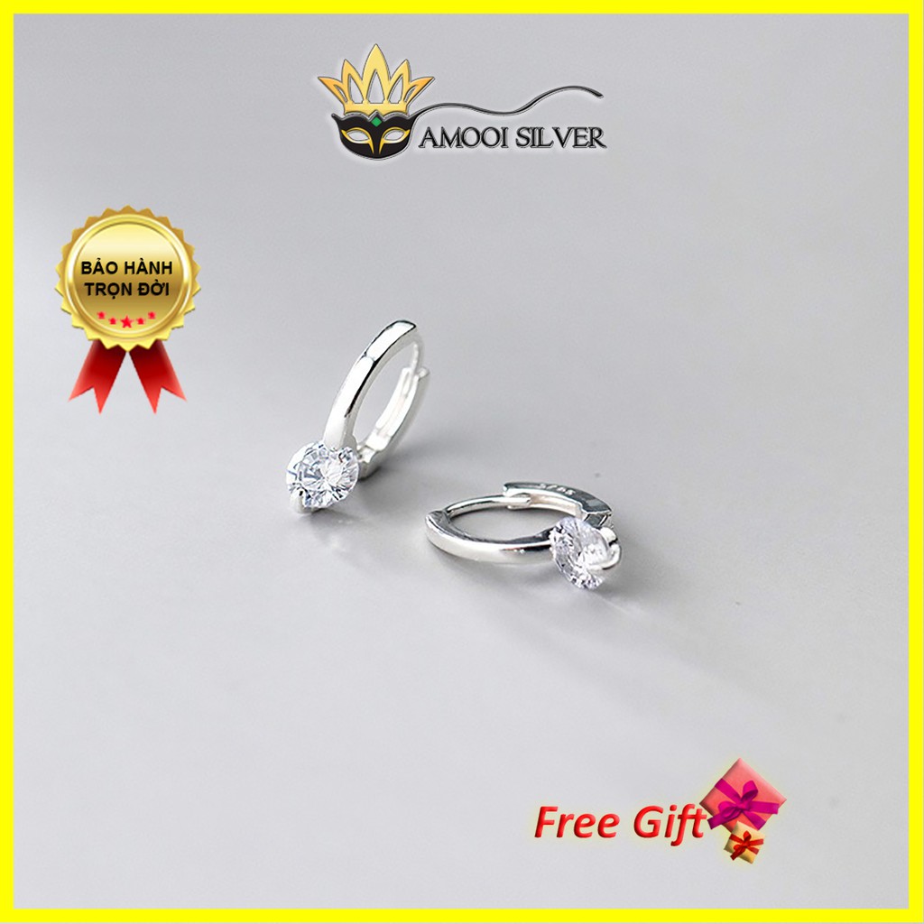 Bông tai bạc S925 khoen tròn 1 viên đá đường kính 10mm - Amooi Silver AB181