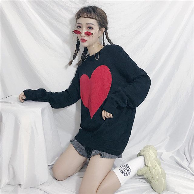 Áo Sweater Dệt Kim Dáng Rộng In Hình Trái Tim Phong Cách Thời Trang Mới Cho Nữ