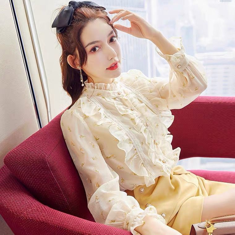 Áo Sơ Mi chiffon Tay Dài Cổ Đứng Phối Bèo Form Rộng In Họa Tiết Phong Cách Pháp Thời Trang Mùa Xuân Cho Nữ