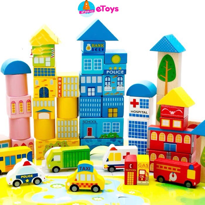 Xếp hình cho bé Bộ lắp ráp hình khối gỗ thành phố của em 62 chi tiết loại đẹp ETOYS