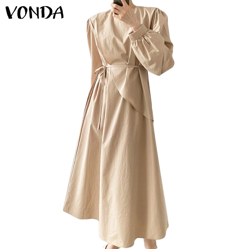 Áo đầm VONDA dành cho nữ thiết kế tay dài cổ tròn có đai thắt lưng tà xếp ly phong cách Hàn Quốc