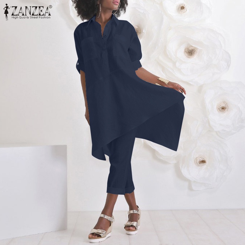 Set đồ 2 món ZANZEA gồm áo sơ mi không cân xứng kèm quần ống rộng vải cotton màu trơn phong cách vintage cho nữ