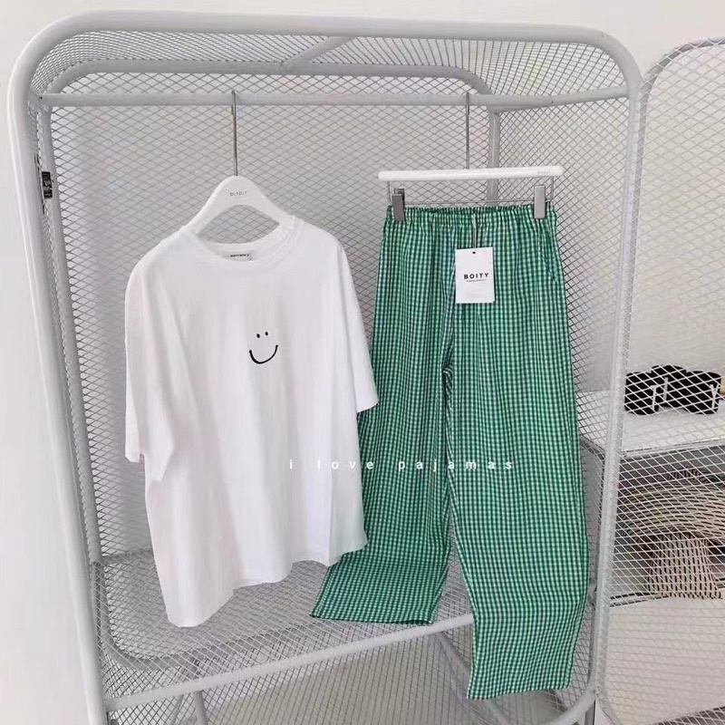 [CÓ SẴN] Set đồ ngủ áo phông trắng quần dài caro bộ ngủ Hàn Quốc ullzang dễ thương