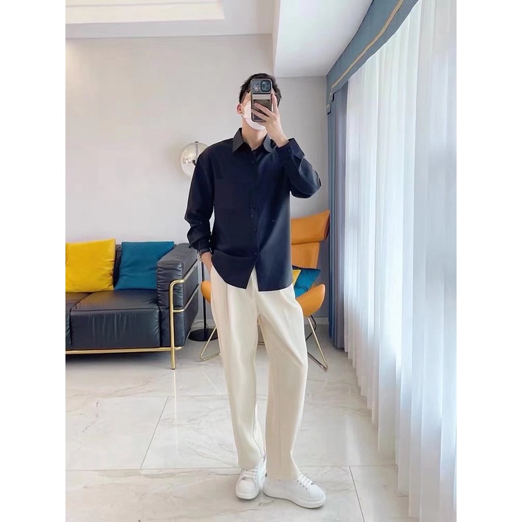 Áo Sơ Mi Tay Dài Dáng Rộng Phối Túi Thiết Kế Thoáng Khí Thời Trang Nhật Bản Cho Nam