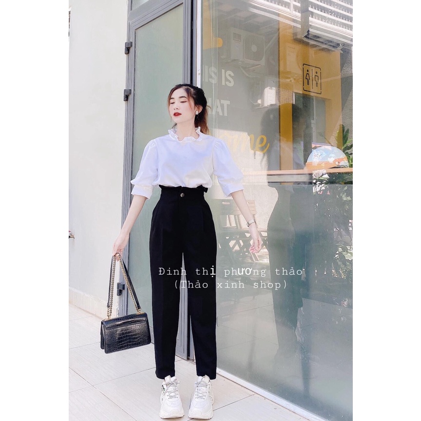 QUẦN TÂY NỮ BAGGY ĐI HỌC LƯNG BÈO CAO MÀU ĐEN DÁNG DÀI - QUẦN VẢI CÔNG SỞ VITEX DÀY DẶN PHỐI ÁO SƠ MI ĐI HỌC LÀM