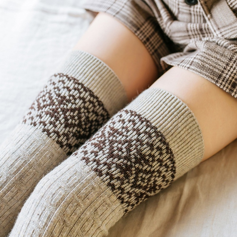 Xiangbao Vớ Dệt Kim Giữ Ấm Chân Dài Quá Gối Họa Tiết Hình Học Vân Kim Cương Cổ Điển Mùa Đông Cho Nữ